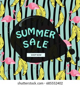 Summer sale banner.Sale poster template.Tropical,exotic pattern background with bananas,pink flamingos and striped texture.Vector illustration.