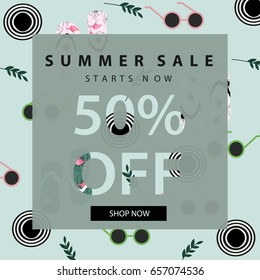 Summer Sale banner.Summer background with floral flip flops.Vintage design.Vector illustration. 