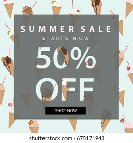 Summer sale banner.Summer sale poster template.Abstract,vintage pattern background with sweets,ice cream.Vector illustration.