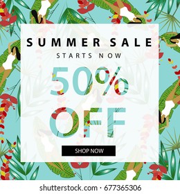 Summer sale banner.Summer sale poster template.Abstract,vintage,tropical,exotic pattern background with flowers,woman,bikini and palm leaves.Vector illustration.