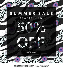 Summer sale banner.Summer sale poster template.Vintage,tropical,leopard and zebra prints geometric pattern background with halftone textured triangles and peacock feathers.Vector illustration.