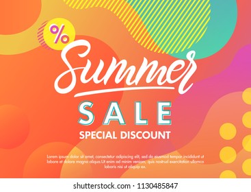 Summer sale banner.Unique design card with gradient background,shapes and geometric elements in memphis style.Sale season card perfect for prints, flyers,banners, promotion,special offer and more.