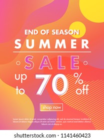Summer sale banner.Unique design card with gradient background,shapes and geometric elements in memphis style.Sale season card perfect for prints, flyers,banners, promotion,special offer and more.