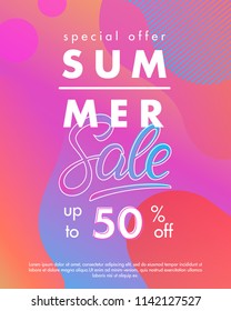 Summer sale banner.Unique design card with gradient background,shapes and geometric elements in memphis style.Sale season card perfect for prints, flyers,banners, promotion,special offer and more.