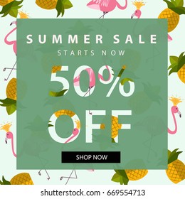 Summer sale banner.Vintage design poster template.With pink flamingos and pineapples tropical pattern background.Vector illustration.