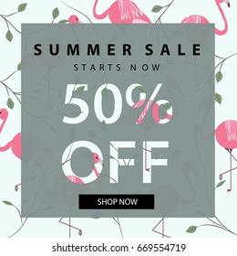 Summer sale banner.Vintage design poster template.With pink flamingos and tropical floral pattern background.Vector illustration.