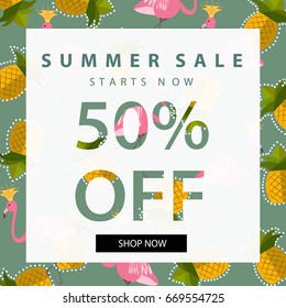 Summer sale banner.Vintage design poster template.With pink flamingos and pineapples tropical pattern background.Vector illustration.