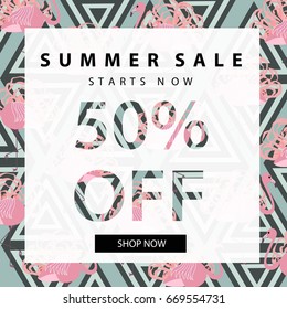 Summer sale banner.Vintage design poster template.With pink flamingos tropical floral geometric pattern background.Vector illustration.