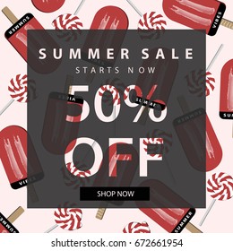 Summer sale banner.Vintage design poster template.Abstract pattern background with ice creams and lollipops.Vector illustration.