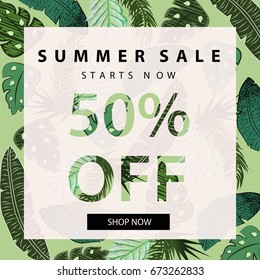 Summer sale banner.Vintage poster template design.Floral,tropical green pattern background with palm leaves.Vector illustration.