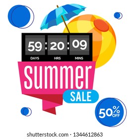 Summer sale with beach ball and umbrella, days, hours and minutes counter, 50% off, vector illustration