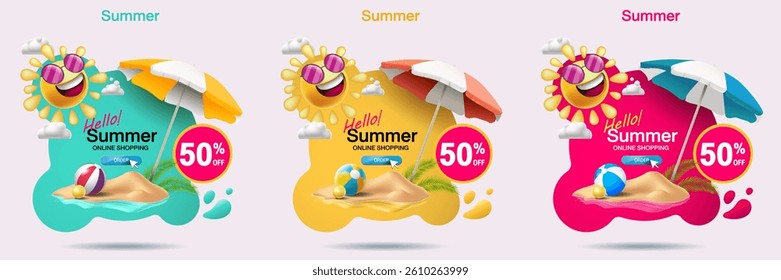 Summer Sale Beach Banner with Cartoon Sun, Umbrella, Sand Island and 50% Discount Promotion for Online Shopping Advertisement