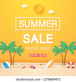 Summer sale , beach with coconut tree and stuff , paper art style