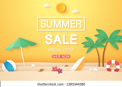 Summer Sale , Beach With Coconut Tree And Stuff , Paper Art Style