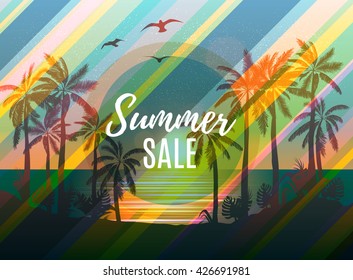 Summer sale beach design with tropical backdrop. Tropical palm backgound. Vector Design EPS 10