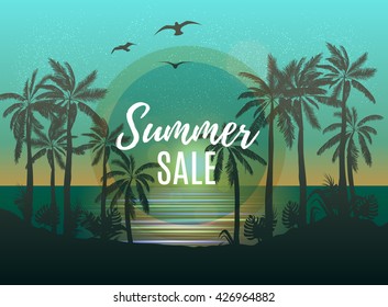 Summer sale beach design with tropical backdrop. Tropical palm backgound. Vector Design EPS 10