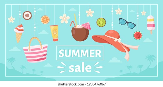 Summer sale. Beach hat, pina colada, sunglasses, sunscreen, tropical flower, ice cream and fruits. Vector illustration