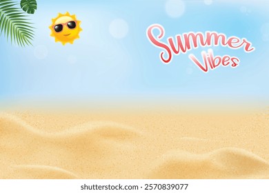 Summer Sale With Beach And Palm Leaves On Clear Sky Background. Vector Illustration For  Hot Summer Vibe, Vacation, Party, E-commerce Etc.