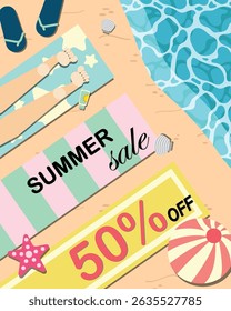 A summer sale beach poster with sea, sand, sandals, a towel, a beach ball, starfish, sunscreen, and seashells. Flyer, poster, banner, card, or heading.