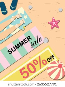 A summer sale beach poster with sea, sand, sandals, a towel, a beach ball, starfish, sunscreen, and seashells. Flyer, poster, banner, card, or heading.