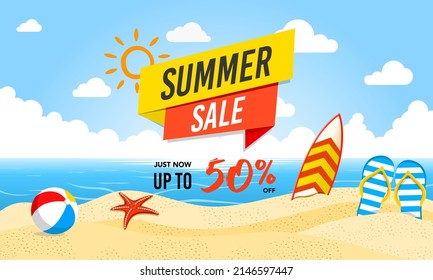 Summer Sale beach and sea and sky banner or poster