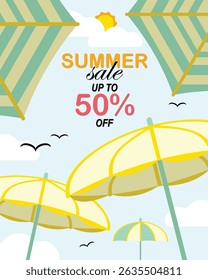 Summer sale with beach sky, birds, sun, clouds, and umbrella background.