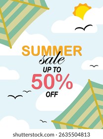 Summer sale with beach sky, birds, sun, clouds, and umbrella background.