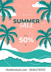 Summer Sale. Beach theme, green sea and pink sky. Vector illustration. Template for promotions and shopping for summer Banner with discount image.