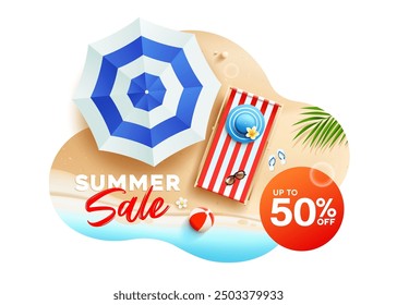 Summer sale, beach umbrella, beach bed, poster flyer design on sand beach background, Eps 10 vector illustration