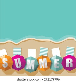 Summer Sale beach and umbrellas background. EPS 10 vector royalty free stock illustration for greeting card, ad, promotion, poster, flier, blog, article, ad, marketing, retail shop, brochure, signage