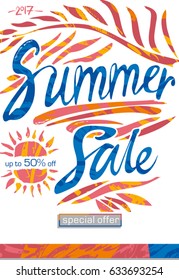 Summer Sale beautiful background with painted tropical leaves and sun. Vector illustration template for posters, banners, flyers, invitation, brochure, voucher discount.
