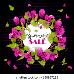 Summer Sale. Beautiful floral wreath with tropical flowers bougainvillea on a background of a dark stylized brick wall. Lettering. Place for text. Vector illustration of EPS10