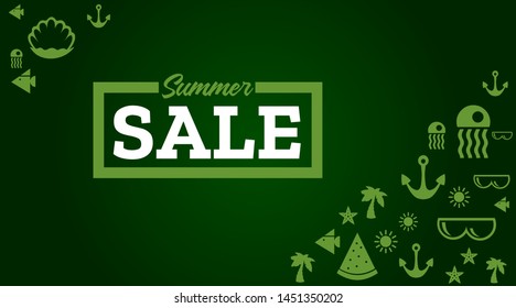 Summer sale beautiful horizontal template. Vector illustration on green background with icons.