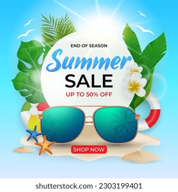 summer sale with beautiful tropical leaves and sunglasses