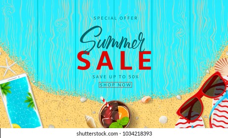 Summer sale beautiful web banner. Top view on red sun glasses, seashells, cocktail, smartphone, flip flops and sea sand on wooden texture. Vector illustration with special discount offer.