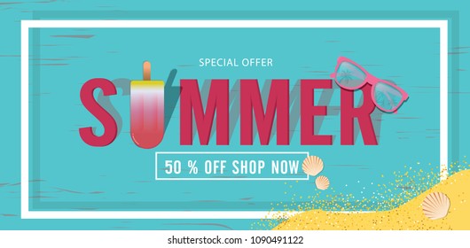 Summer sale beautiful web banner. Top view on seashells, sunglasses, fresh cocktail, smartphone and sea sand on wooden texture. Vector illustration with special discount offer.