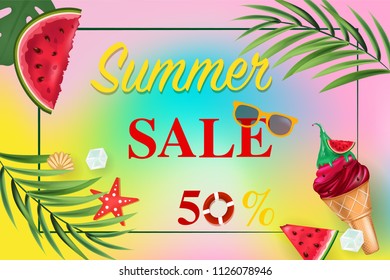 Summer sale beautiful web banner. Hello summer. Seamless pattern with watermelons, ice cream, palm branch, ice cubes on colorful summer background. Colorful vector illustration for banners, wallpaper.