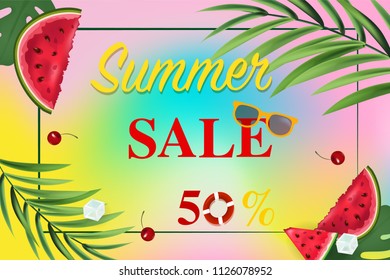 Summer sale beautiful web banner. Hello summer. Seamless pattern with watermelons, ice cream, palm branch, ice cubes on colorful summer background. Colorful vector illustration for banners, wallpaper.