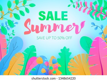 Summer sale beautiful web banner. Hello Summer Holiday. Tropical frame, place for your text. Green plants, exotic leaves, banana leaf, areca palm, botany, flora. 