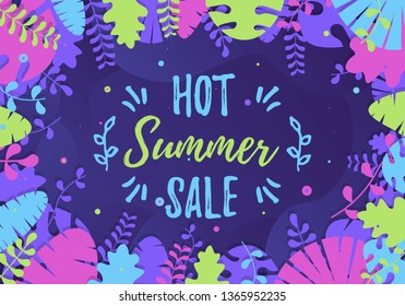 Summer sale beautiful web banner. Hello Summer Holiday. Tropical frame, place for your text. Green plants, exotic leaves, banana leaf, areca palm, botany, flora. 