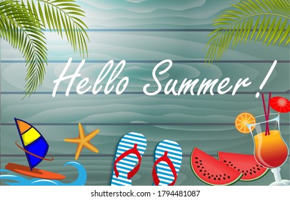 Summer sale beautiful web banner. Top view of fresh cocktail, watermelon and starfish, surfboard, palm branches on wood texture