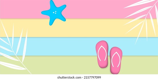 Summer sale beautiful web banner. Top view of cute beach object on wooden texture. 3d refreshing summer sale template. Vector illustration with special discount offer. Concept of island vacation.