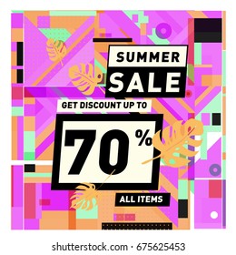 Summer sale beautiful web banner. Fashion and travel discount. Vector holiday illustration with special offers.