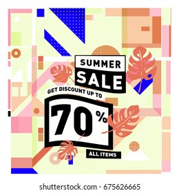 Summer sale beautiful web banner. Fashion and travel discount. Vector holiday illustration with special offers.