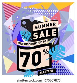 Summer sale beautiful web banner. Fashion and travel discount. Vector holiday illustration with special offers and promotions.