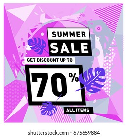 Summer sale beautiful web banner. Fashion and travel discount. Vector holiday illustration with special offers and promotions.