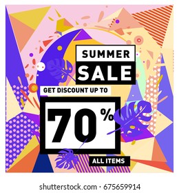 Summer sale beautiful web banner. Fashion and travel discount. Vector holiday illustration with special offers and promotions.