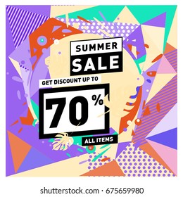 Summer sale beautiful web banner. Fashion and travel discount. Vector holiday illustration with special offers and promotions.