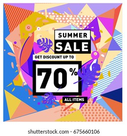 Summer sale beautiful web banner. Fashion and travel discount. Vector holiday illustration with special offers and promotions.