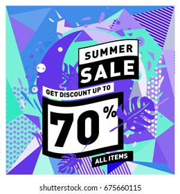 Summer sale beautiful web banner. Fashion and travel discount. Vector holiday illustration with special offers and promotions.